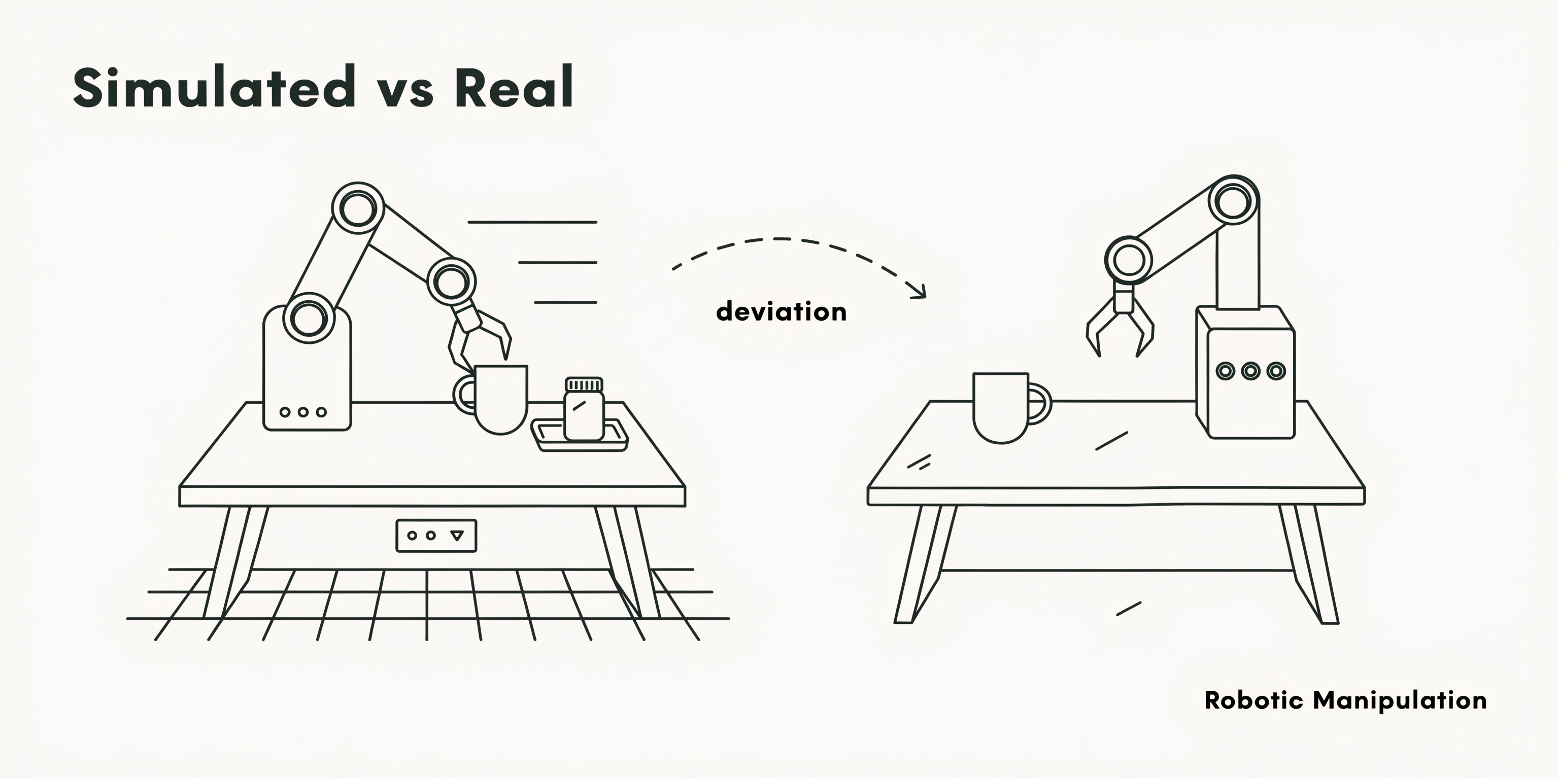 A simulated robot arm on a lab bench beside a real photographed robot arm setup, connected by a dashed arrow labeled deviation