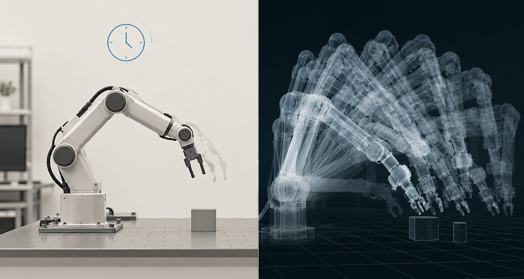 A single real robot trial compared against dozens of overlapping simulated trials running in parallel