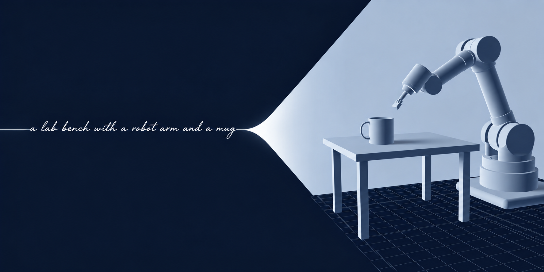 A sentence describing a scene transforming into a fully rendered, structured 3D simulation
