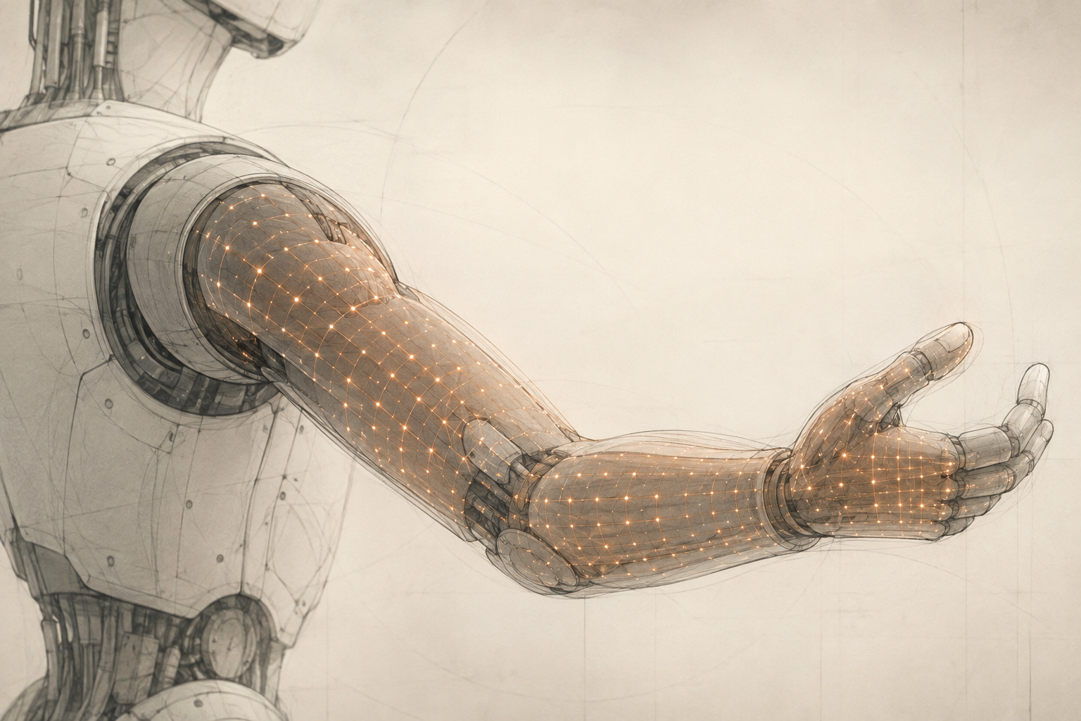 A cutaway of a robotic limb surface revealing a distributed sensing layer beneath the skin