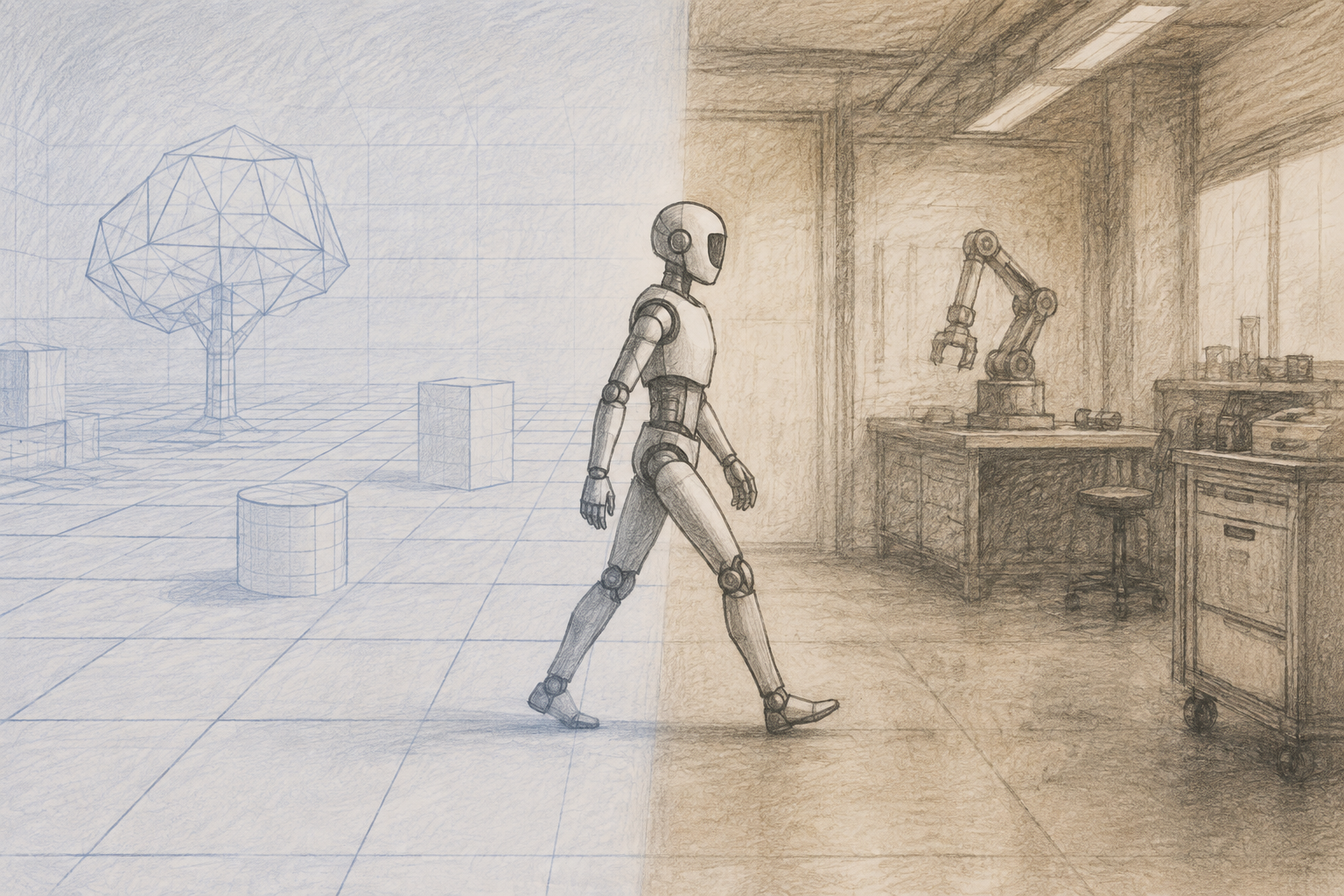 A robot silhouette crossing the boundary between a simulated world and a real physical lab